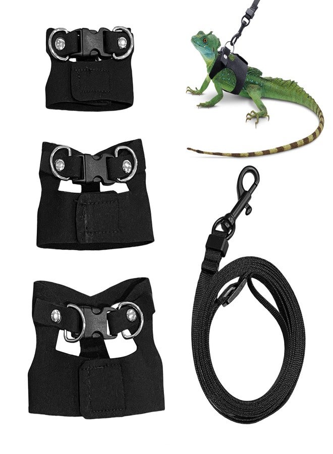 aeloer Bearded Dragon Harness and Leash Set, 3 Size Adjustable Soft Leather Reptile Leash, Lizard Harness with Retractable, Small Animal Outdoor Walking Vest with Traction Rope, 3 Pack, Black - Image 1